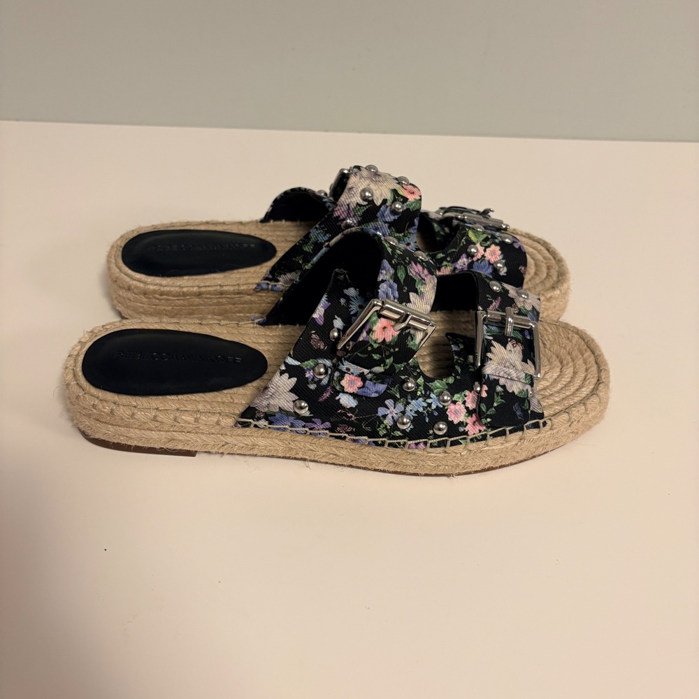 Rebecca Minkoff Jodi Floral Studded Espadrille Slide Sandals Black Multi 10.5M